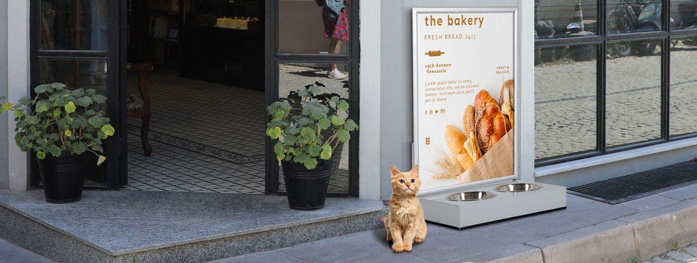 Porta póster con bebedero perros y gatos